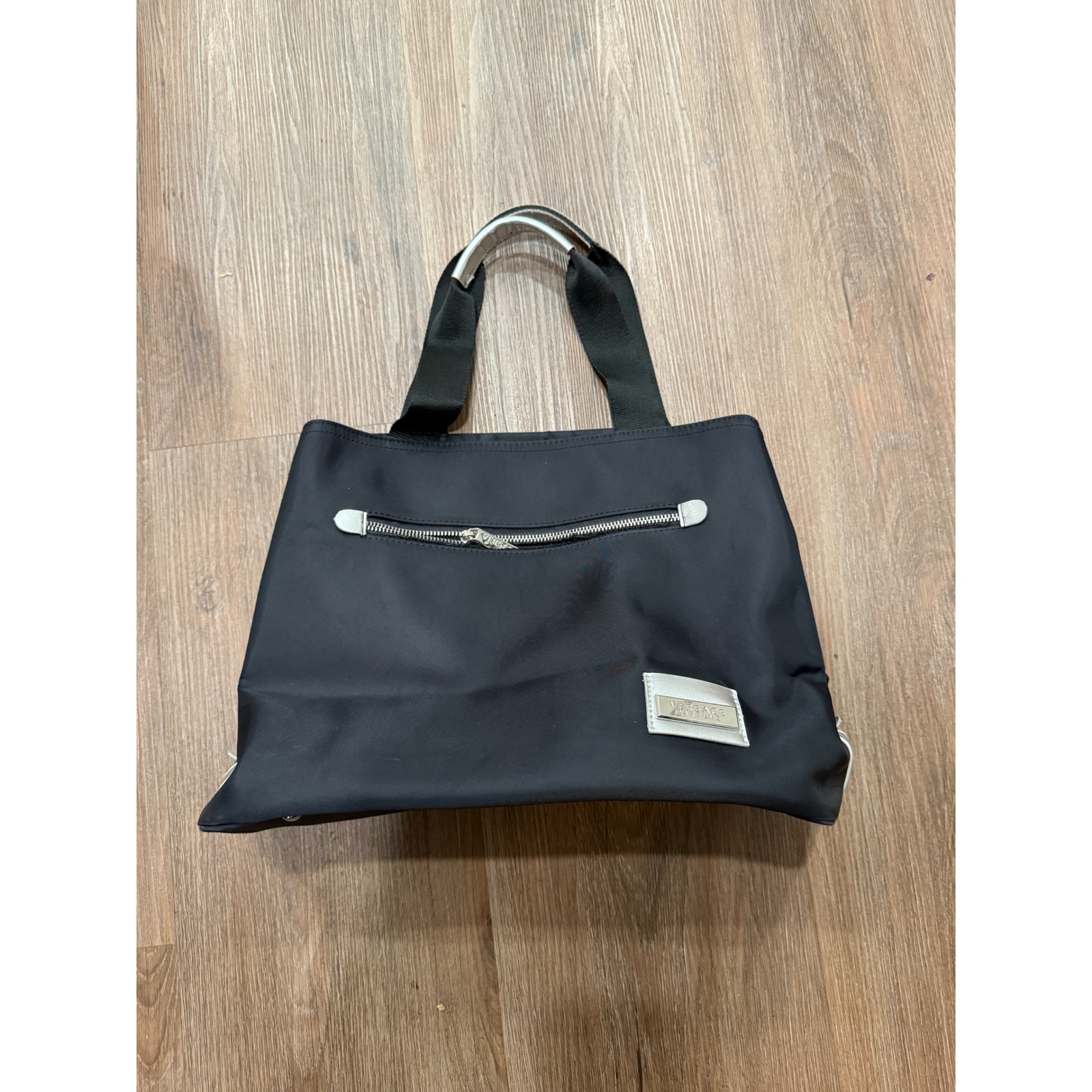 Versace Parfums Black Nylon Tote Bag Silver Hardware Shoulder Bag Handbag